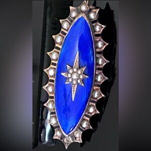 ANTIQUE Victorian 15K Yellow Gold BLUE ENAMEL Seed Pearls Memorial Brooch